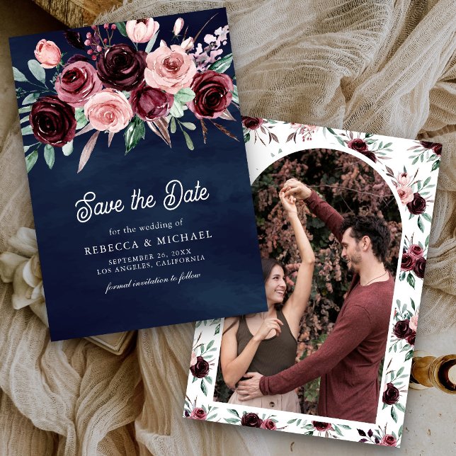 Dusty Pink Burgundy Floral Navy Blue Wedding Save The Date (Creator Uploaded)
