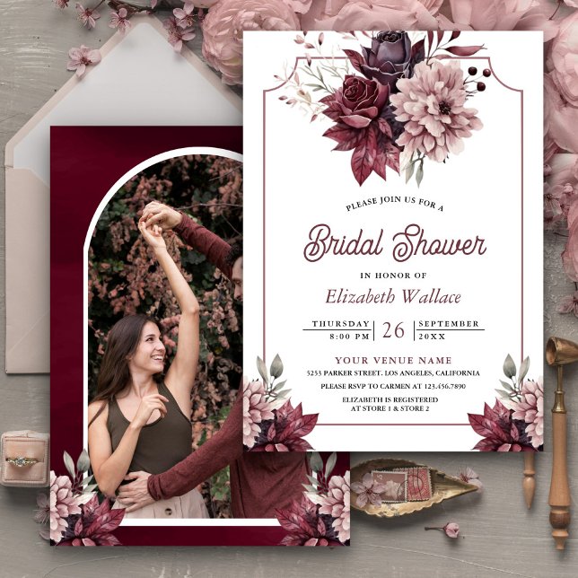 Dusty Pink Burgundy Floral Photo Bridal Shower Invitation (Creator Uploaded)