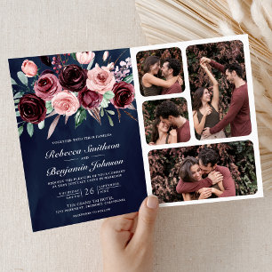 Dusty Pink Burgundy Floral QR Code Navy Wedding Invitation