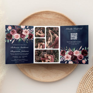Dusty Pink Burgundy Floral QR Code Navy Wedding Tri-Fold Invitation