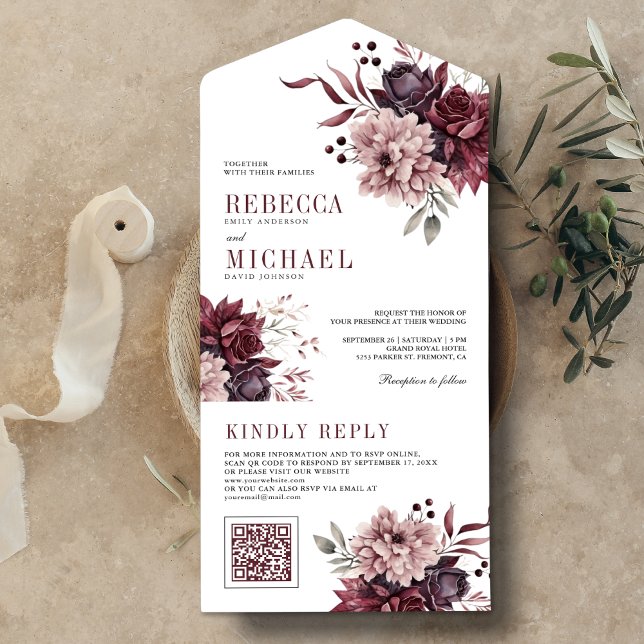 Dusty Pink Burgundy Floral QR Code Wedding All In One Invitation (Creator Uploaded)