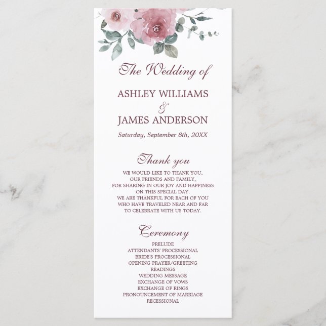 Dusty Pink Burgundy Floral Wedding Program Programme (Front)