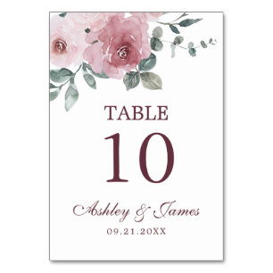 Dusty Pink Burgundy Floral Wedding Table Number
