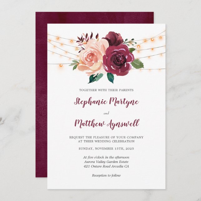 Dusty Pink Burgundy Rose Lights Botanical Wedding Invitation (Front/Back)