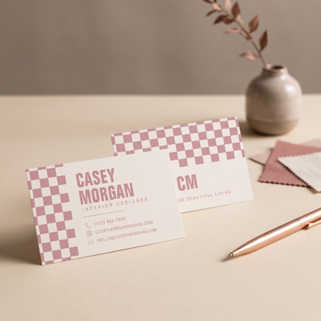 Dusty Pink Chequerboard Modern Business Card (Simulated business cards on table)