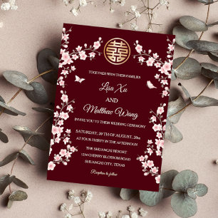  Dusty Pink Cherry Blossom Chinese Wedding Invitation