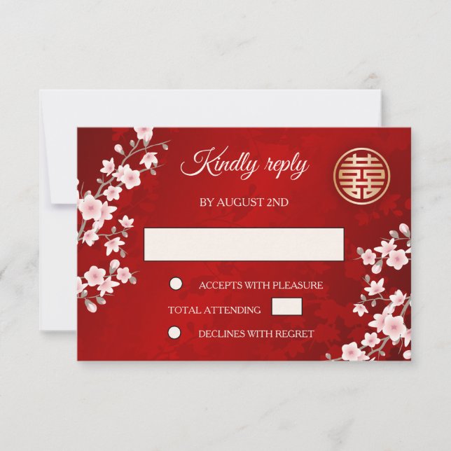 Dusty PInk Cherry Blossom Red RSVP Chinese Wedding Invitation (Front)
