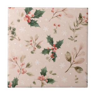 Dusty Pink Christmas Holly Botanical Snowflake Tile