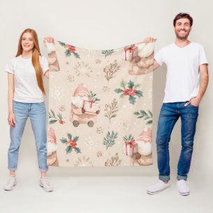 Dusty Pink Christmas Santa Botanical Watercolor Fleece Blanket