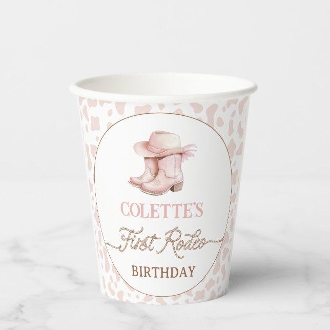 Dusty Pink Cowgirl Boots First Rodeo 1st Birthday  Paper Cups (Front)