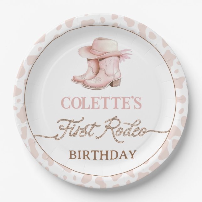 Dusty Pink Cowgirl Boots First Rodeo 1st Birthday  Paper Plate (Front)