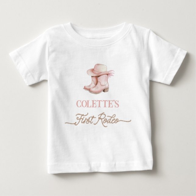 Dusty Pink Cowgirl First Rodeo 1st Birthday  Baby T-Shirt (Front)