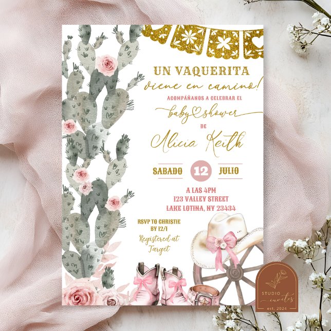 Dusty Pink Cowgirl Spanish Girl Baby Shower Invitation (Creator Uploaded)