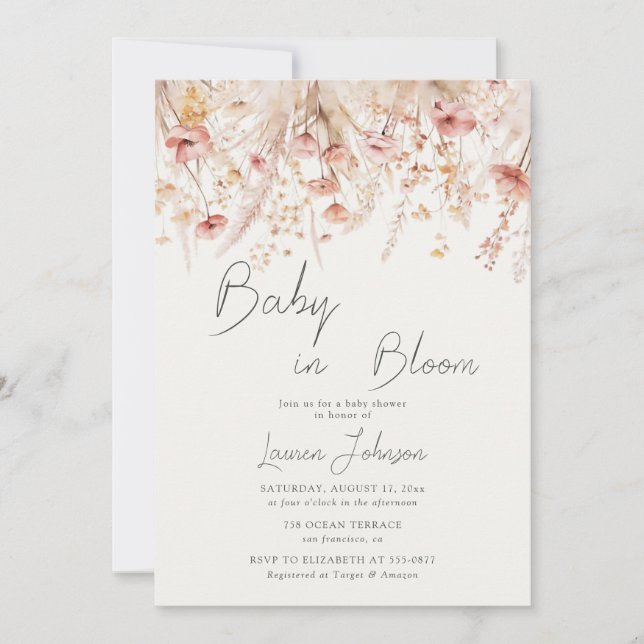 Dusty Pink Cream Wildflowers Poppies Baby Shower Invitation (Front)