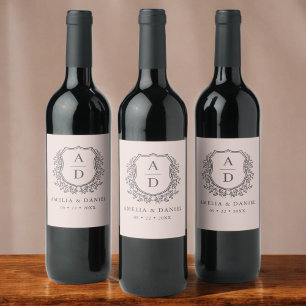 Dusty Pink Crest Modern Monogram Wedding  Wine Label