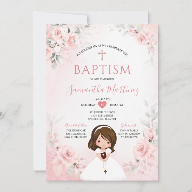 Dusty Pink Cross Floral Girl Praying Holy Baptism Invitation (Front)