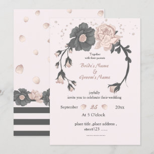 dusty pink dark grey floral wreath wedding invitation