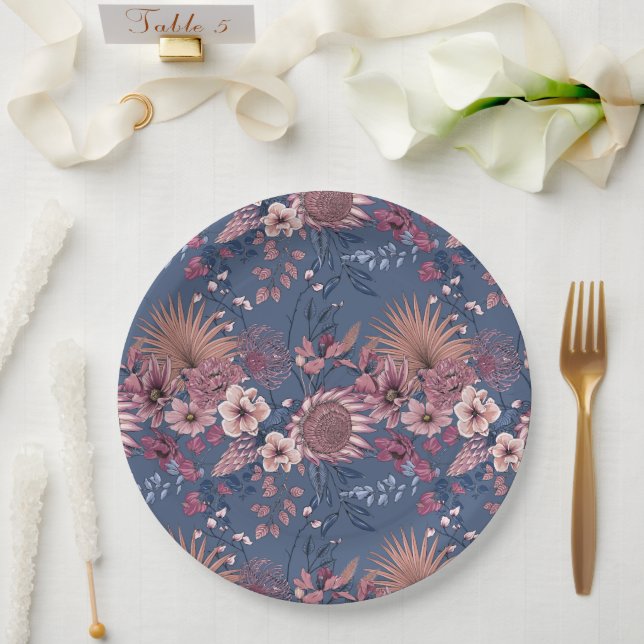 Dusty pink dried botanical florals slate blue  paper plate (Wedding)