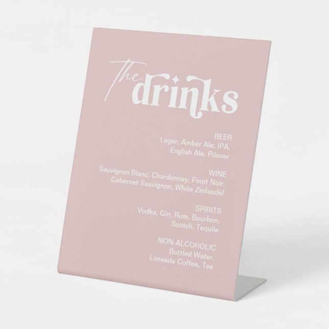 Dusty Pink Drink Menu Wedding Bar Pedestal Sign (Front)