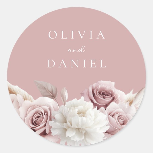 Dusty Pink & Dusty Rose Floral Wedding Classic Round Sticker (Front)
