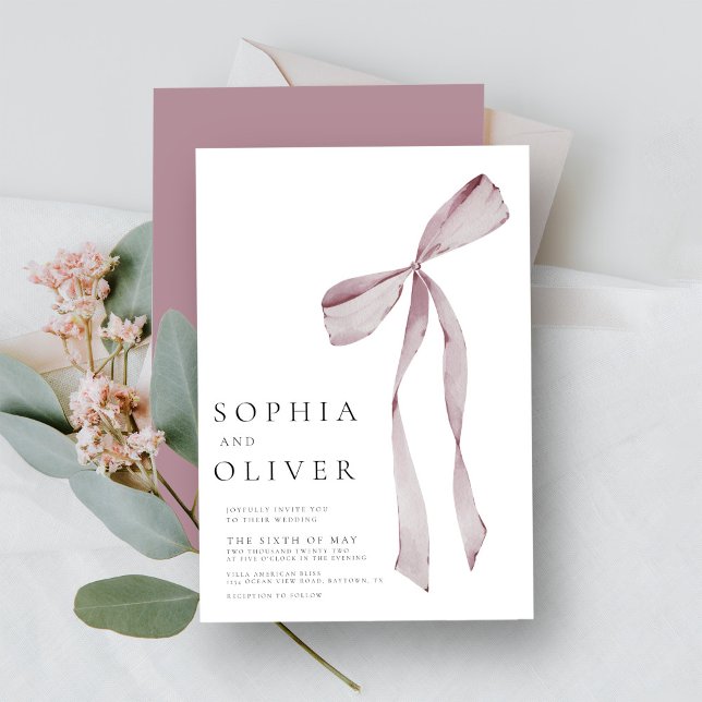 Dusty Pink Elegant Hand Drawn Bow Wedding Invitation (Creator Uploaded)