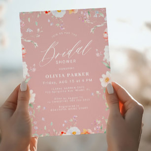 Dusty pink elegant wildflower floral bridal shower invitation