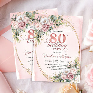 Dusty Pink Eucalyptus 80th Birthday Invite Card