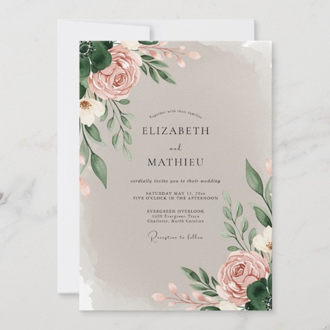 Dusty Pink Exquisite Floral Wedding Invitation (Front)