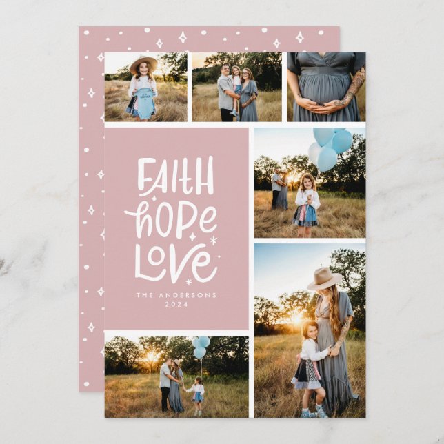 Dusty pink faith hope love multiple Photo Holiday Card (Front/Back)
