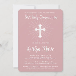 Dusty Pink First Communion for Daughter with Cross Invitation