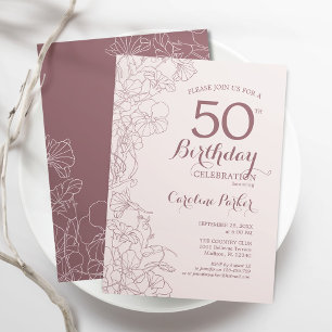 Dusty Pink Floral 50th Birthday Party Invitation