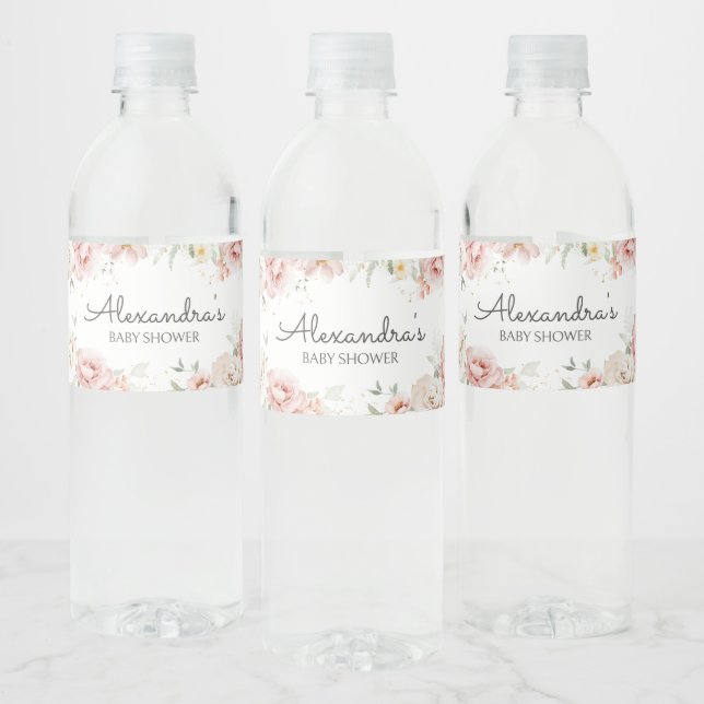 Dusty Pink Floral Baby Shower Water Bottle Label (Bottles)
