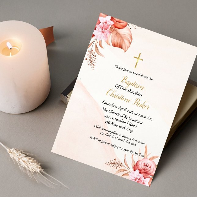Dusty pink floral Baptism invitation card (Creator Uploaded)