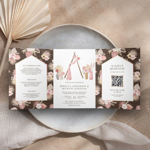 Dusty Pink Floral Boho Arbor Wood QR Code Wedding Tri-Fold Invitation