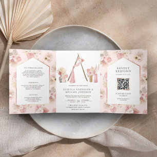 Dusty Pink Floral Boho Beach Arbor QR Code Wedding Tri-Fold Invitation