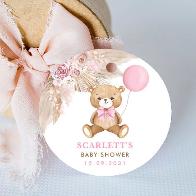 Dusty Pink Floral Boho Teddy Bear Baby Shower Classic Round Sticker (Creator Uploaded)