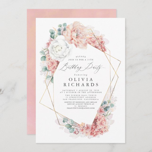 Dusty Pink Floral Botanical Elegant Birthday Invit Invitation (Front/Back)