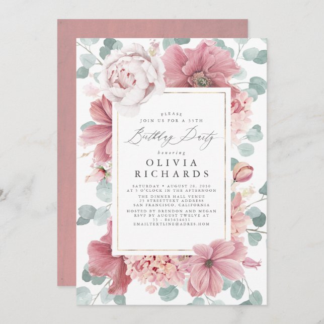 Dusty Pink Floral Botanical Elegant Birthday Invitation (Front/Back)