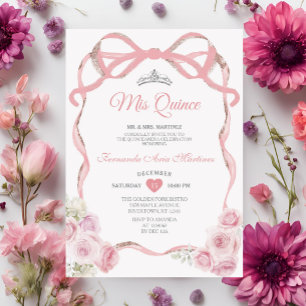 Dusty Pink Floral Bow Ribbon Silver Mis Quince Invitation