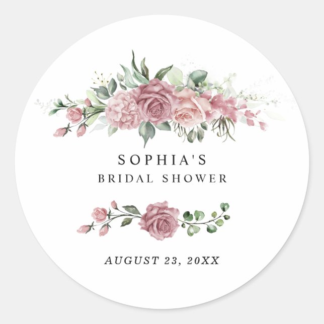 Dusty Pink Floral Bridal Shower Classic Round Sticker (Front)