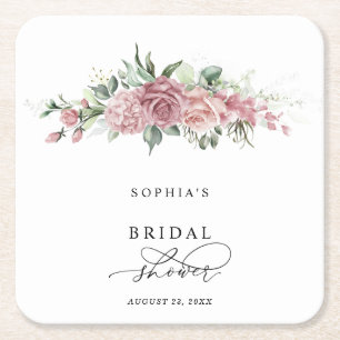 Dusty Pink Floral Bridal Shower Square Paper Coaster