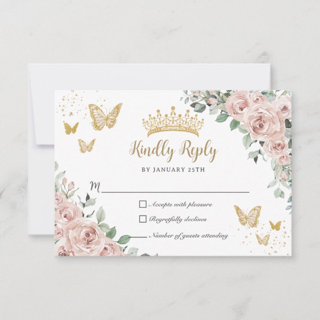 Dusty Pink Floral Butterflies Gold Quinceañera RSVP Card (Front)