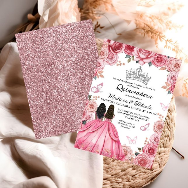 Dusty Pink Floral Butterfly Twin Girl Quinceanera  Invitation (Creator Uploaded)