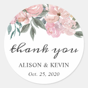 Dusty Pink Floral Calligraphy Script Thank You Classic Round Sticker