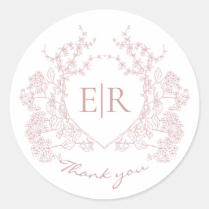 Dusty Pink Floral Crest Monogram Thank You Wedding Classic Round Sticker