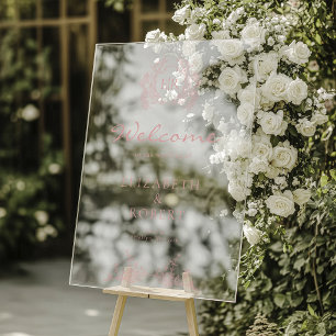 Dusty Pink Floral Crest Monogram Wedding Welcome Acrylic Sign