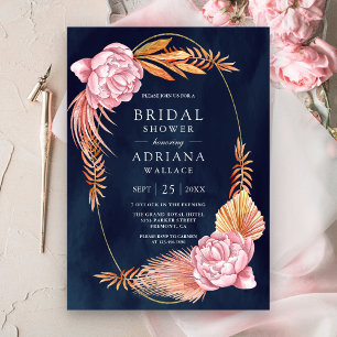 Dusty Pink Floral Dried Palm Navy Bridal Shower Invitation