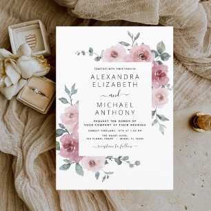 Dusty Pink Floral Eucalyptus Greenery Wedding Invitation