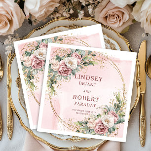 Dusty Pink Floral Eucalyptus Sparkle Gold Wedding  Napkin