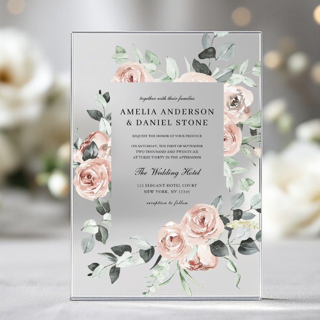 Dusty Pink Floral Eucalyptus Wedding Acrylic Invitations (Creator Uploaded)